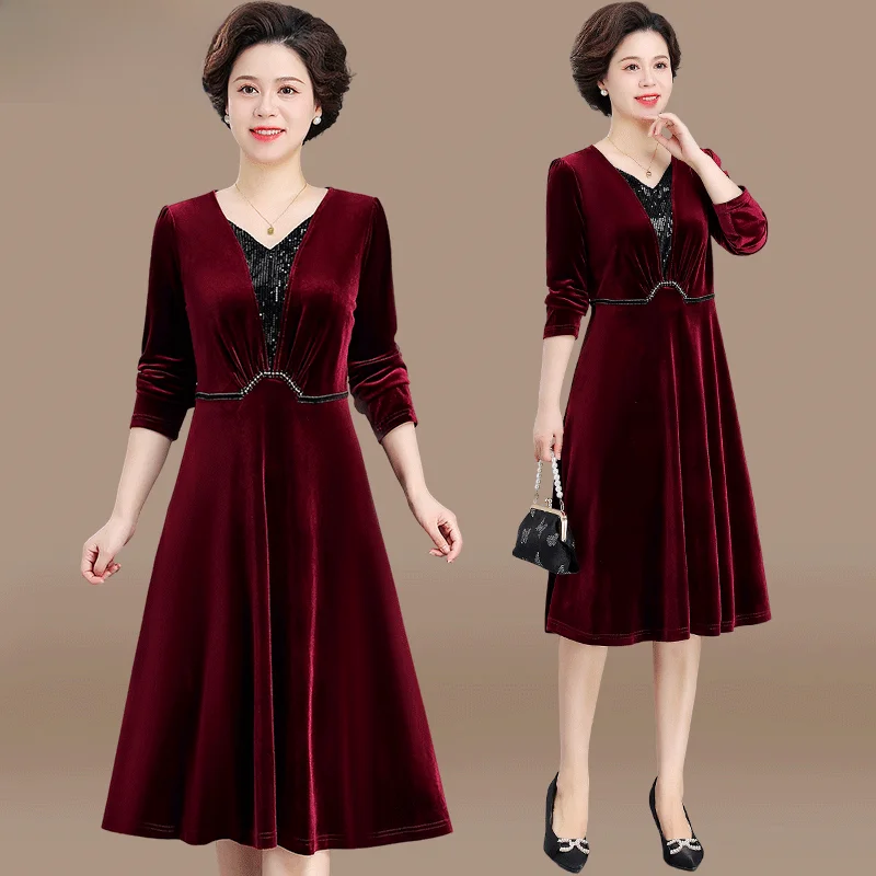 

New 2024 Autumn Faion Velvet Dr for Mom Wedding Celebration Mid-aged Women Spring Autumn Sle Korean Sle One-piece Dr