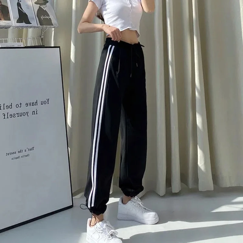 

High Waist Striped Patchwork Sports Pants All-match Youth Casual Straight Pants Spring Autumn Fashion Vintage Women Clothing