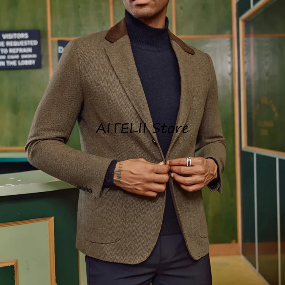 

Мужская повседневная куртка, усовершенствованный внешний винтажный пиджак из ткани «елочка», пиджаки для мужчин, вельветовый воротник с двумя пуговицами и строчкой