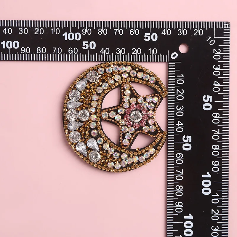 2 piezas de parches de estrella y luna con cuentas de diamantes de imitación para coser en la ropa, apliques bordados, parche de bordado, accesorio de ropa.