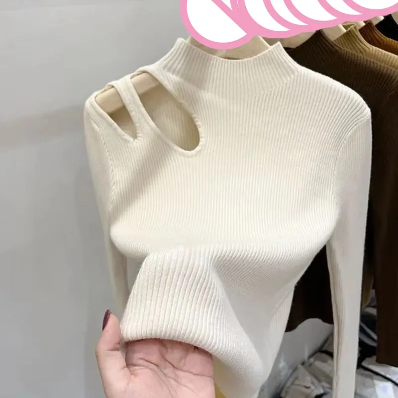 2023 Women's Clothing Early Autumn Long sleeved Shoulder T-shirt Neck Knit Bottom Shirt Slim Fit Top Pullovers Jumpers Sweaters