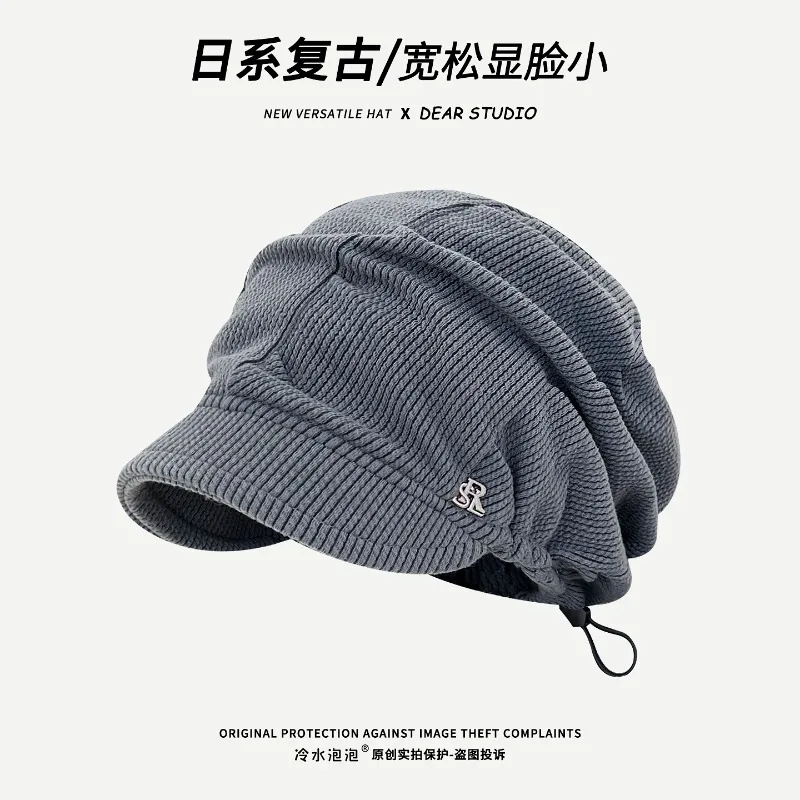 Image of Koreanische einfache einfarbige Cordmützen für Frauen Frühling und Herbst lässig warm Gehörschutz vielseitige Pullover Hüte