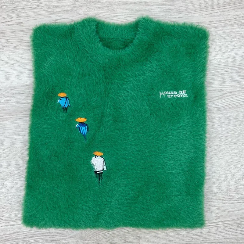 Men Hip‑Hop Green Plush Crewneck Top Soft Furry Cartoon Figure Embroidery House of Errors Knit Sweater