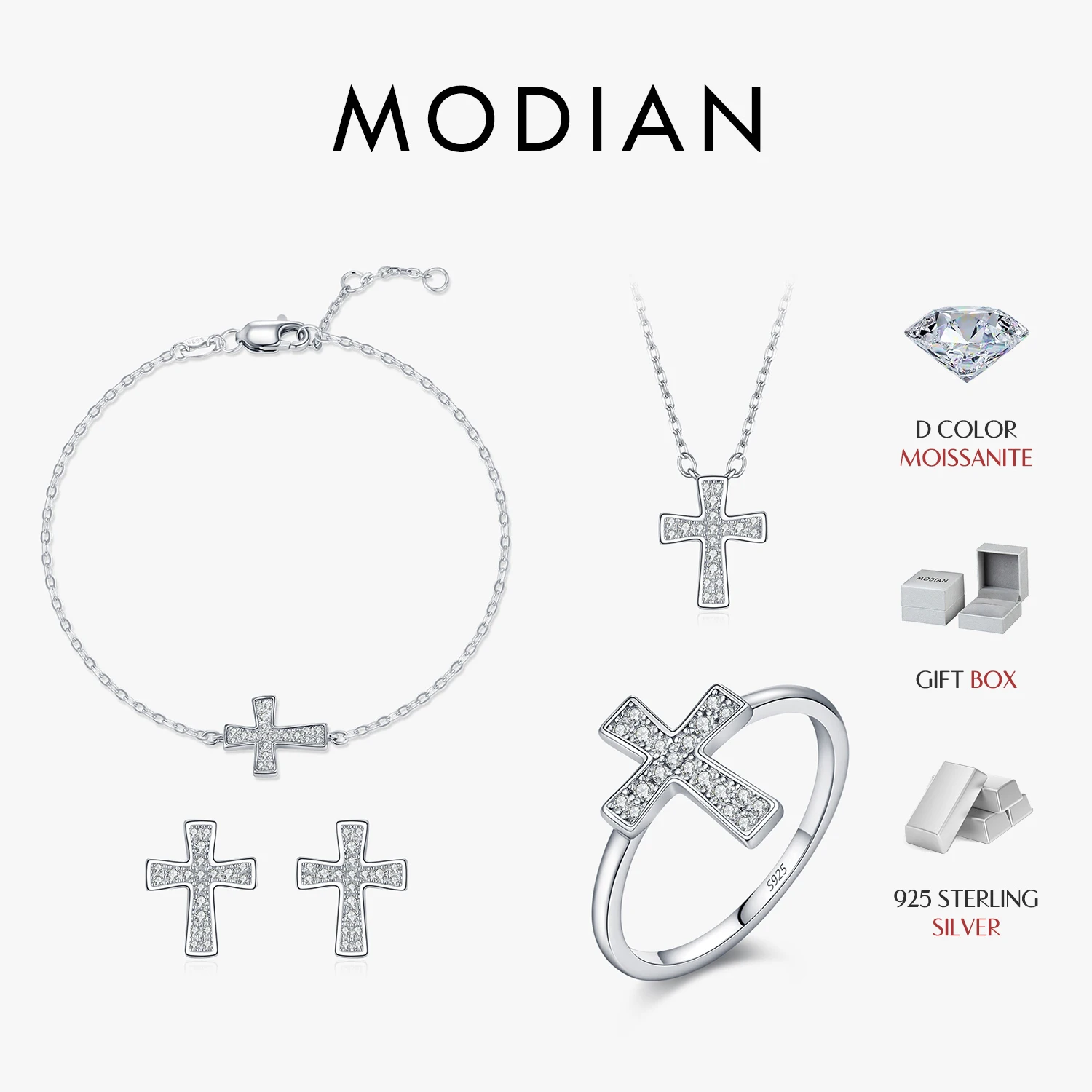 

MODIAN 925 Sterling Silver Sparkling Moissanite Rings Earrings Simple Cross Bracelet Necklace For Women Fine Jewelry Sets