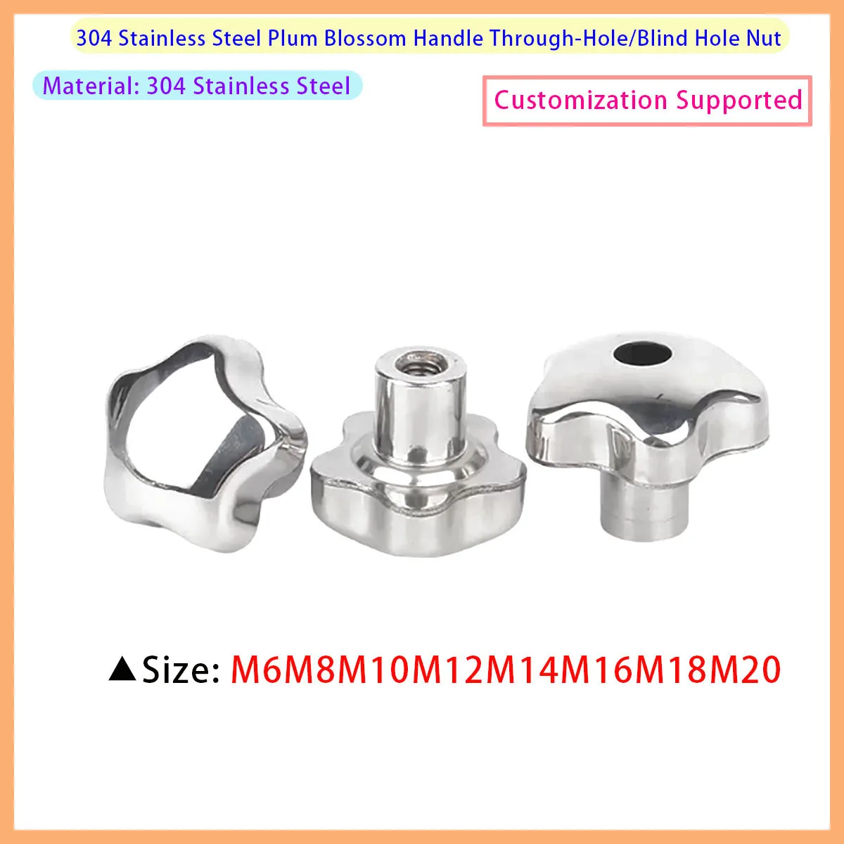 304 Stainless Steel Female Thread Star Shaped Handle Clamping Nut Knob Cam Handwheel M6 M8 M10 M12 M14 M16 M18 M20