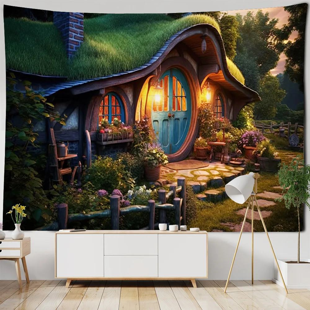 Psychedelic jungle wooden house tapestry natural landscape wall hanging hippie bohemian bedroom living room home art decoration