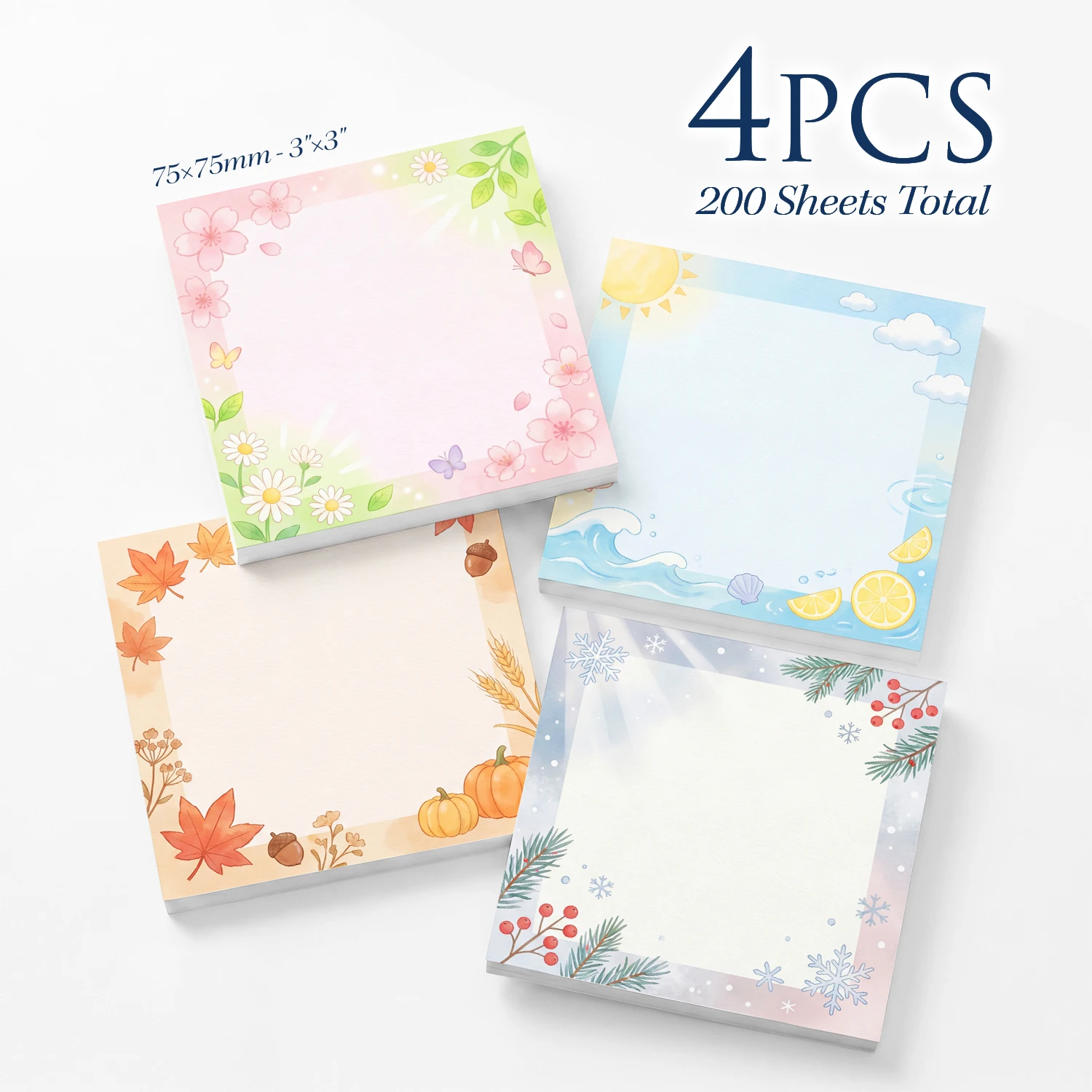 4pcs Four Seasons Sticky Notes Set, Spring Summer Autumn Winter Self Stick Memo Pads, 200 Sheets Total, Seasonal Nature Notepads