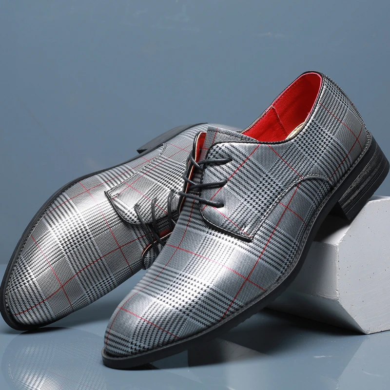 

Mens Houndstooth Plaid Oxford Shoes Lace Up Fashion Formal Dress Shoes With Red Lining And White Laces For Party And Wedding