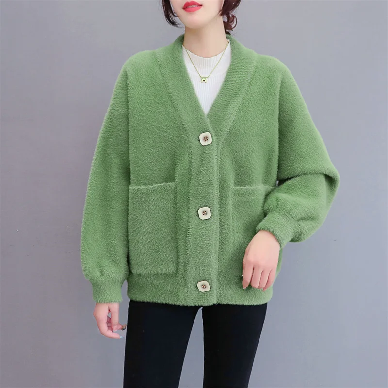 Spring Autumn Mink Velvet Jacket Women 2024 New Lantern Sleeve Coat Loose Solid Color Sweater V-Neck Cardigan Female Tide Blouse