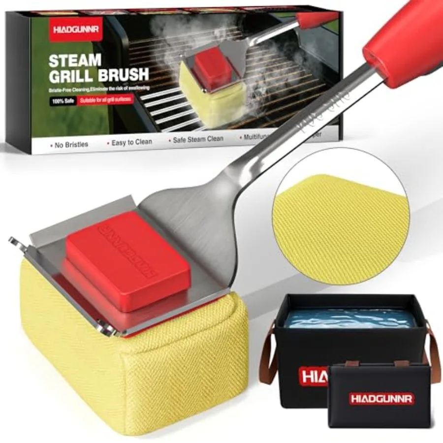 

Щетка для гриля без щетины со складным ведром, для чистки барбекю на открытом воздухе, со сменной насадкой и скребком, безопасная, без вреда для здоровья.