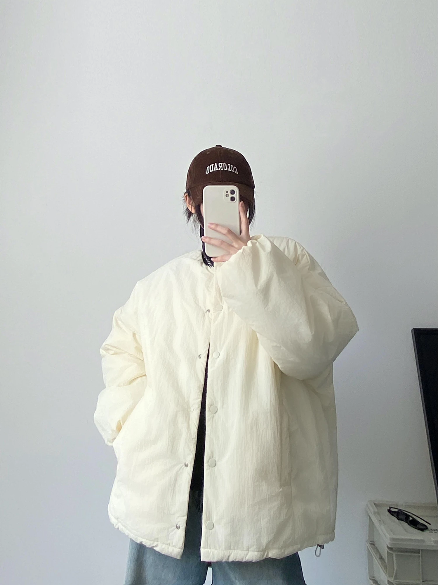 

Autumn Winter Women's Cotton Jaet Warm Bread Sle Loose Fit Muted Beige Texture Bread Coat Fem Outerwear Coat