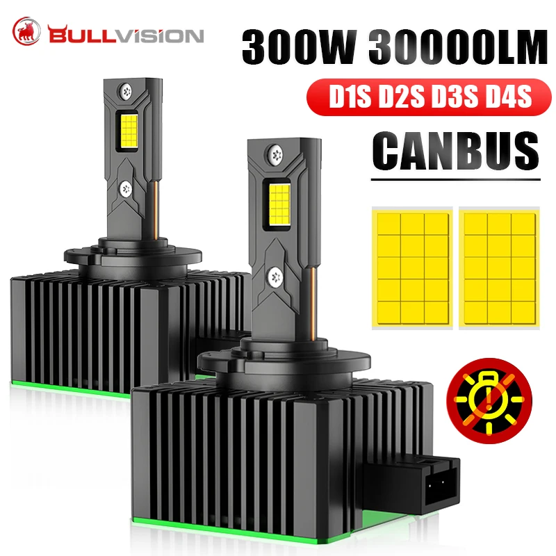Faros LED Bullvision D1S D3S HID D2S D4S D5S Turbo LED 30000LM 300W con Chip CSP de Doble Cara 6000K Plug&Play Lámpara de Coche Xenón HID