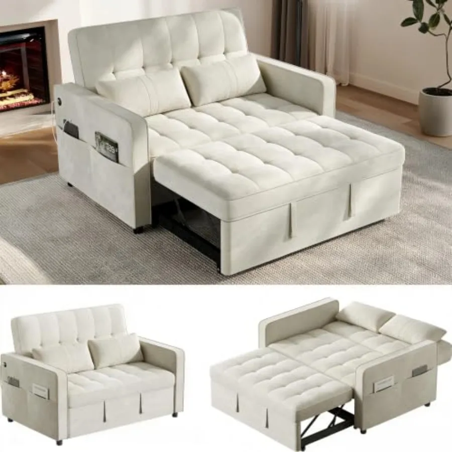 3 in 1 Sofa Bed Convertible Sleeper Sofa with USB Ports for living room, fabric, gray, easy conversion and built-in charging