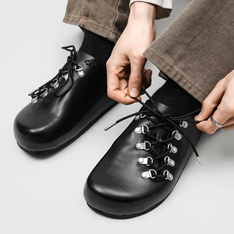 

Gothic Black Leather Closed-Toe Slippers Metal Decor Slip On Loafers Lace-Up Streetwear Backless Slides Summer Men's Shoes
