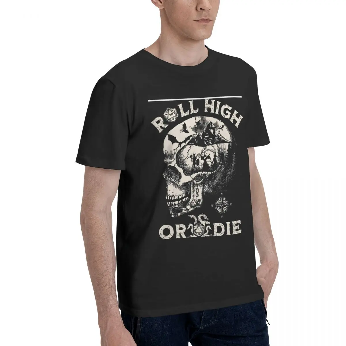 T-shirt Roll High Or Die Party Fighting Dragons In A Skull Scene S Black Cotton Dungeons and Dragons short sleeve Man Tee Shirt