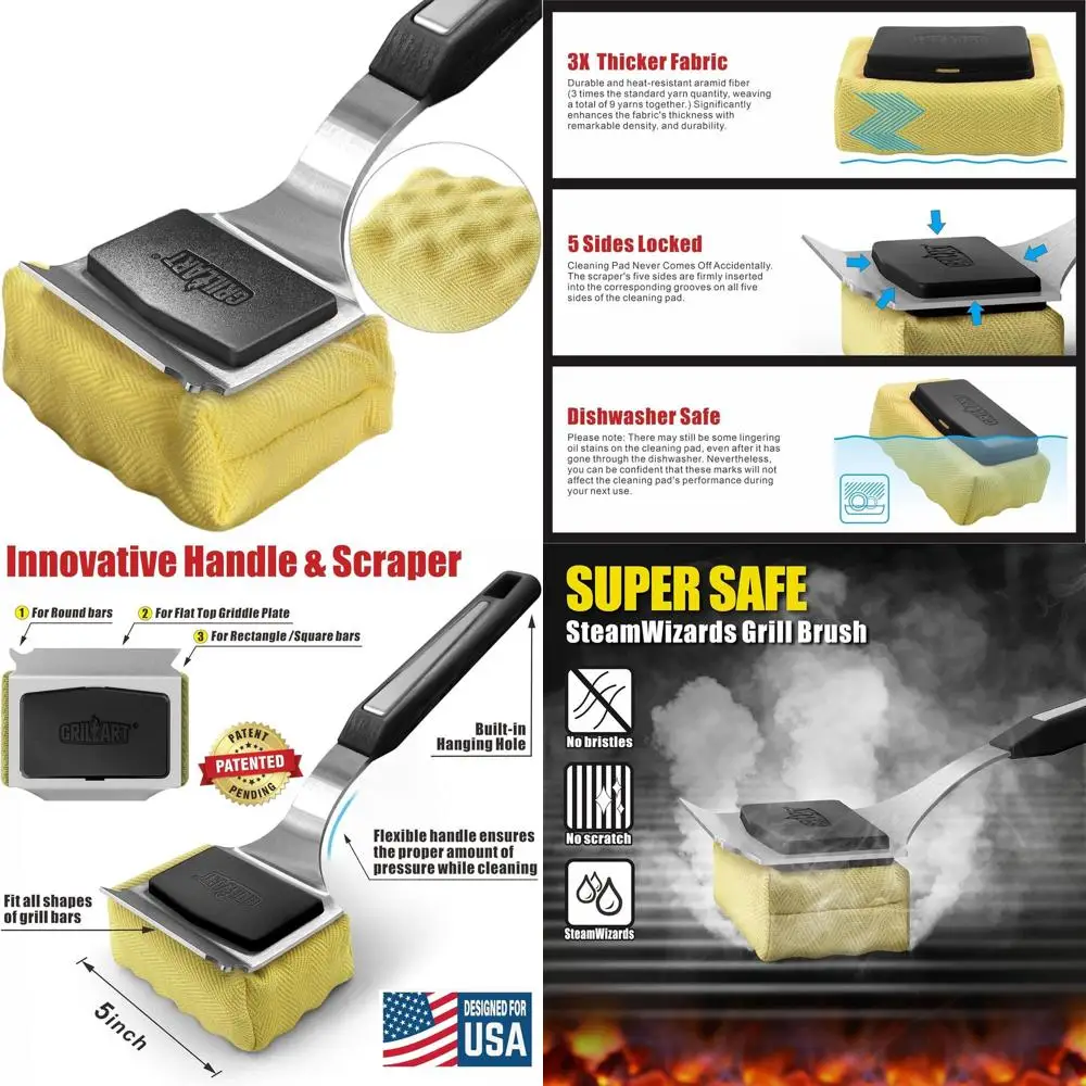 

Upgraded BBQ Cleaning Brush with Replaceable Bristles, Seamless Scraper for Cast Iron and Stainless Steel Grates - Black