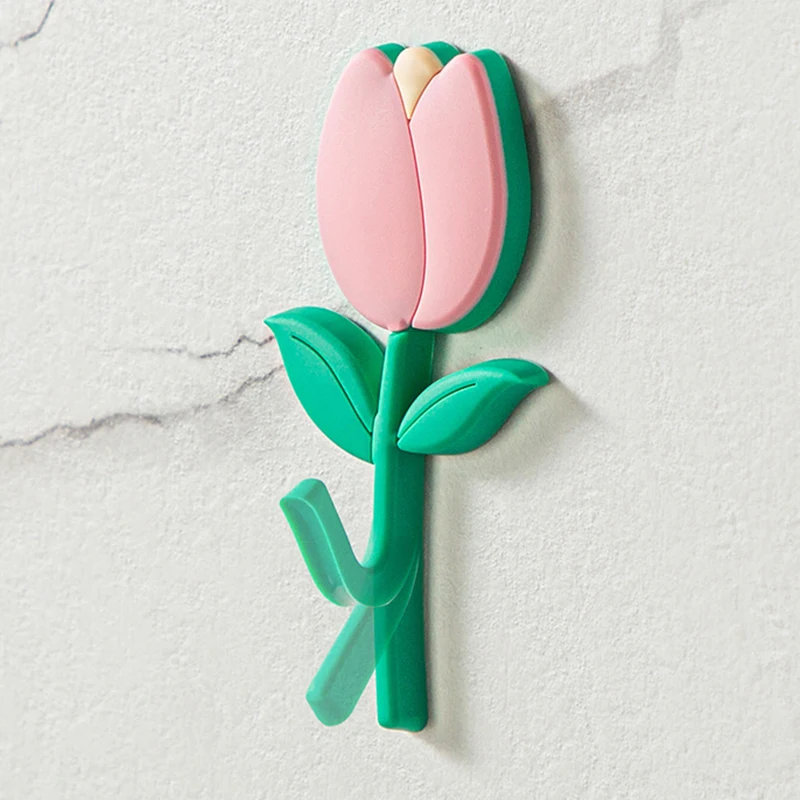 Tulip Flower Adhesive Fridge Hooks for Keys Wall Crochet Holder Removable Kitchen Hook Home Decor Washed Holder Wall Hook Decor