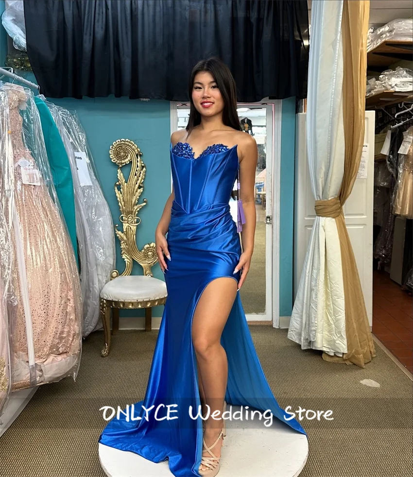 Royal Blue Mermaid Formal Evening Gown 2024 Corset Side Split Sequins Beads Birthday Party Prom Gowns Wedding