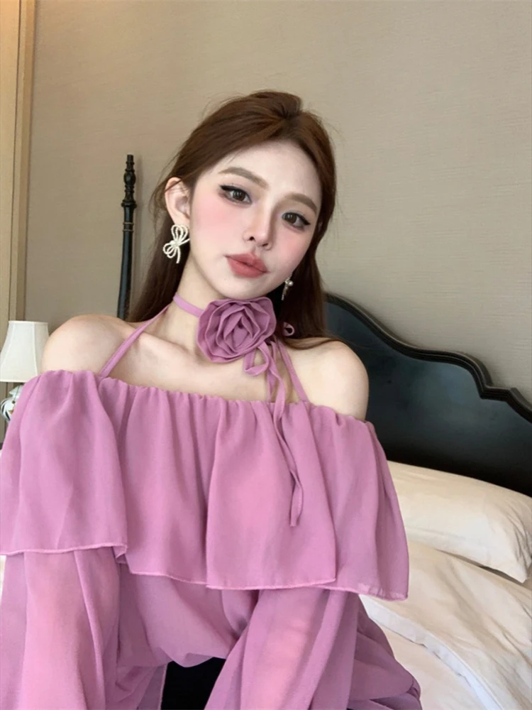 Blouse Women Rose Flowers Bandage Slash Neck Lantern Long Sleeve French Style Chic Loose Elegant Shirts Ladies Sexy Tops