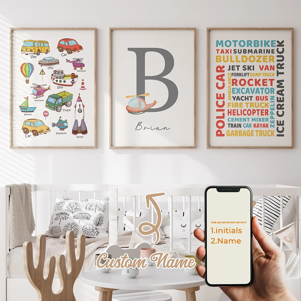 3 قطعة اسم مخصص شخصية الكرتون سيارة جدار الفن طباعة صورة قماش المشارك اللوحة لغرفة المعيشة غرفة الاطفال ديكور المنزل #1