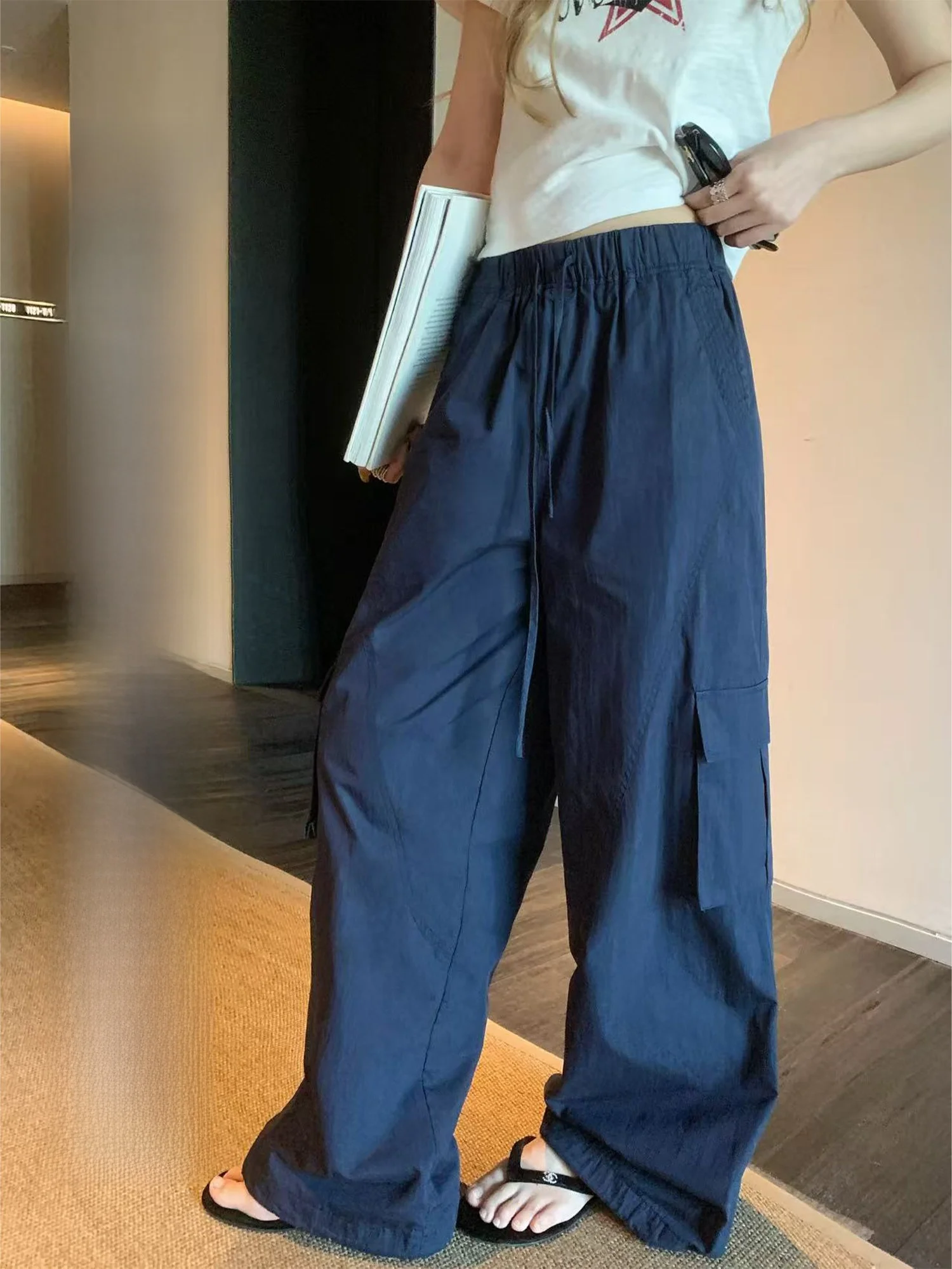 

Yuzuqi Spring Melody Light Artificial Workwear Casual Wide Leg Pants Women's High Waist Cargo Trousers in Darker Royal Blue