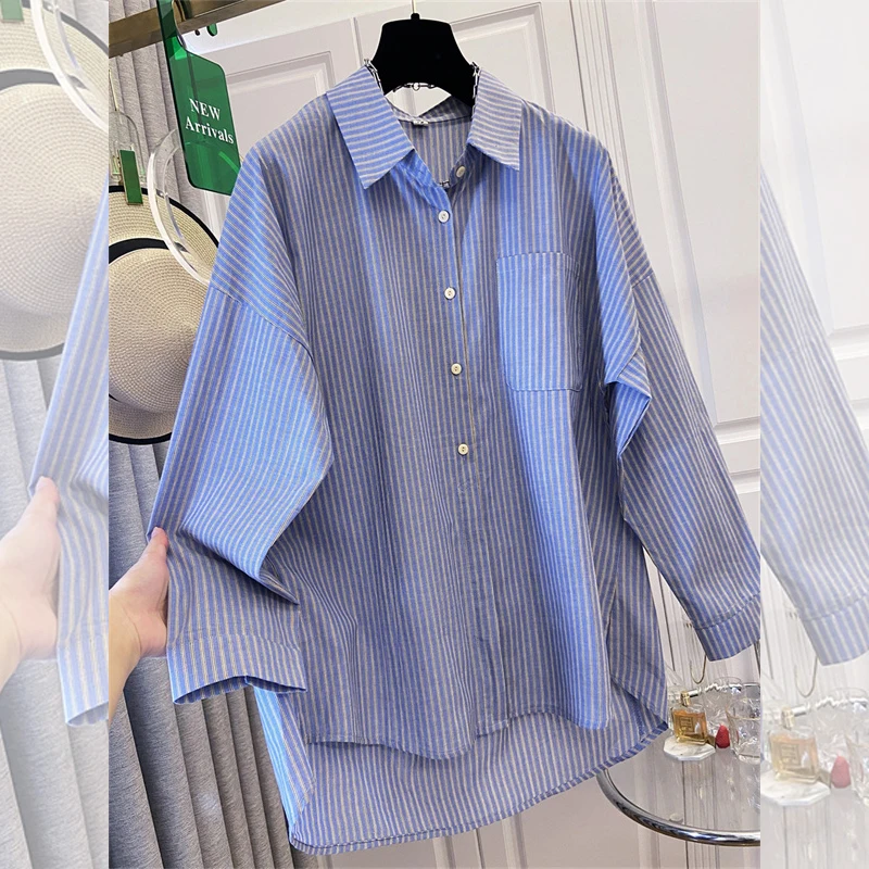 

Осень-зима 2022, женские рубашки из 100% хлопка, женская блузка, свободная блузка в полоску с принтом больших размеров, женские топы, повседневная одежда KE4471