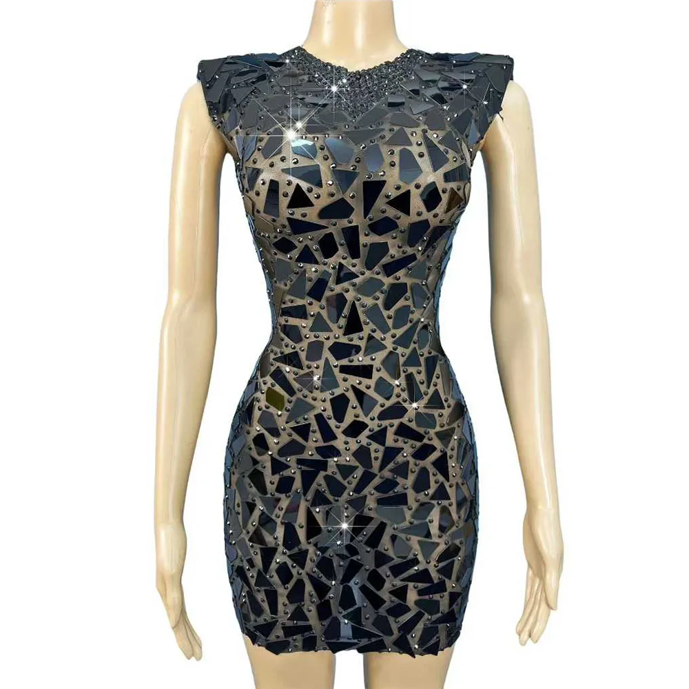 Vestido de lujo negro brillante con espejos y diamantes de imitación, vestido Sexy de malla transparente para mujer, vestido de fiesta de cumpleaños y cóctel de noche, disfraz de alfombra roja