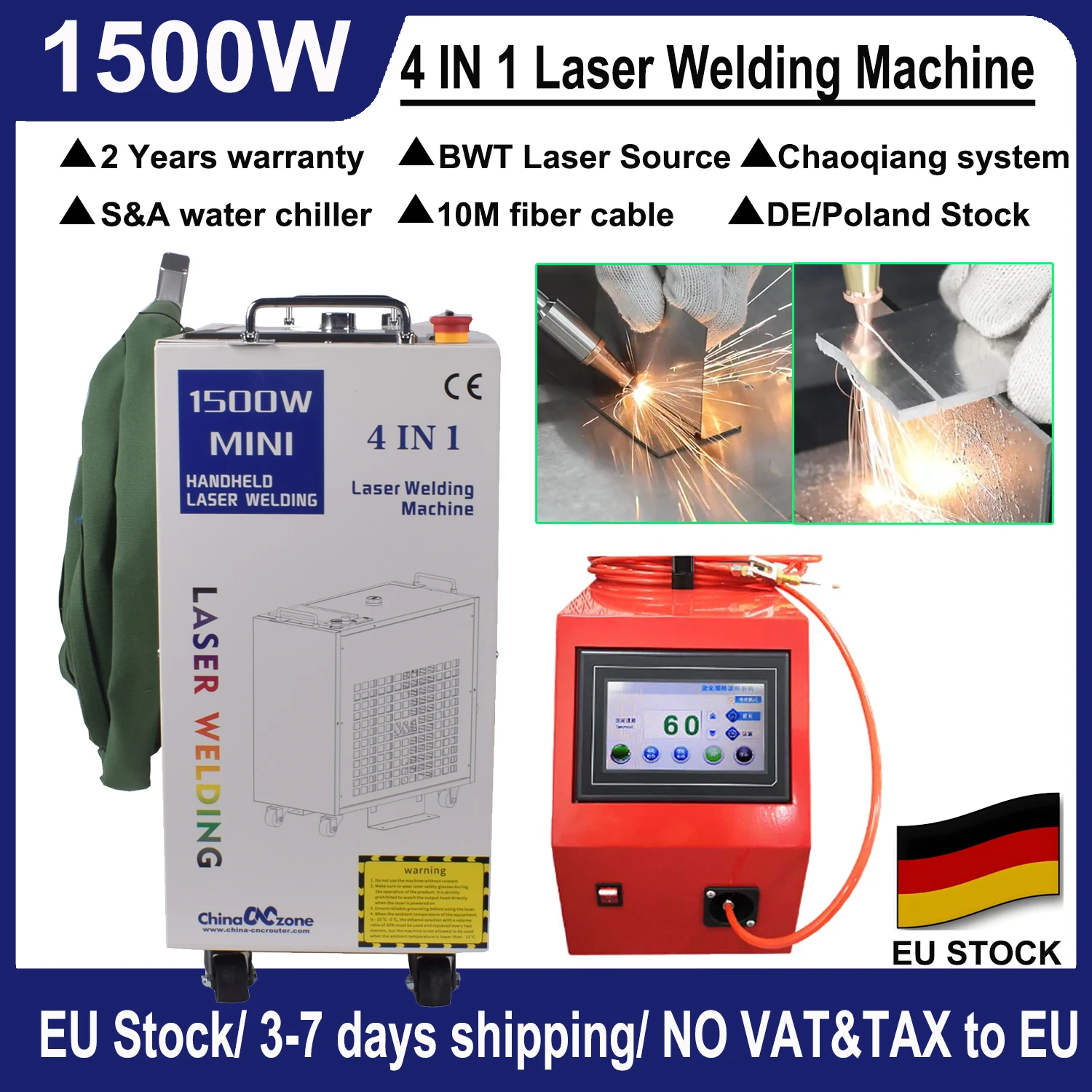 1500W Laser 4 in 1 Handheld Laser Welding Cutting Cleaning Machine Auto Wire Feeder S&A water chiller