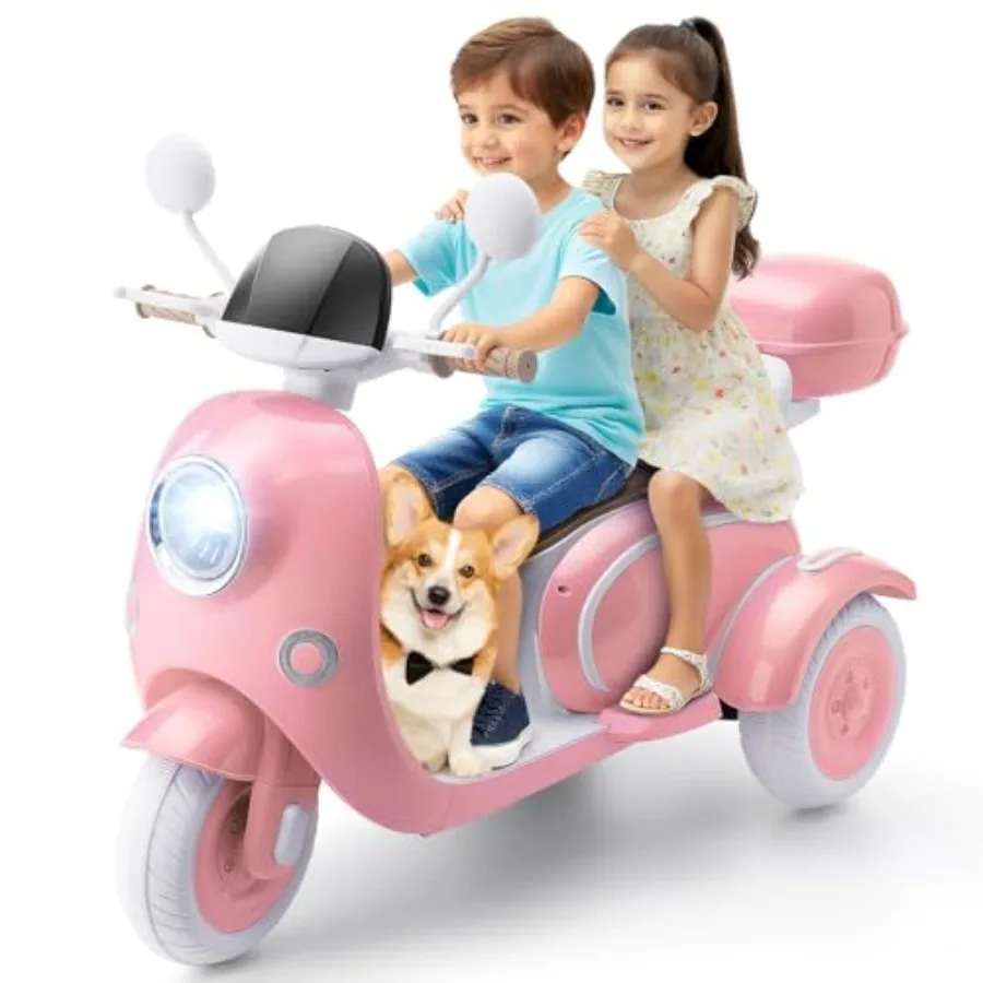 

Hikole 12V Electric Motorcycle 2 Seater 3 Wheels Moped Pink USB Music Horn Light Big Storage Box Dual Motor Ideal for Girls Boy