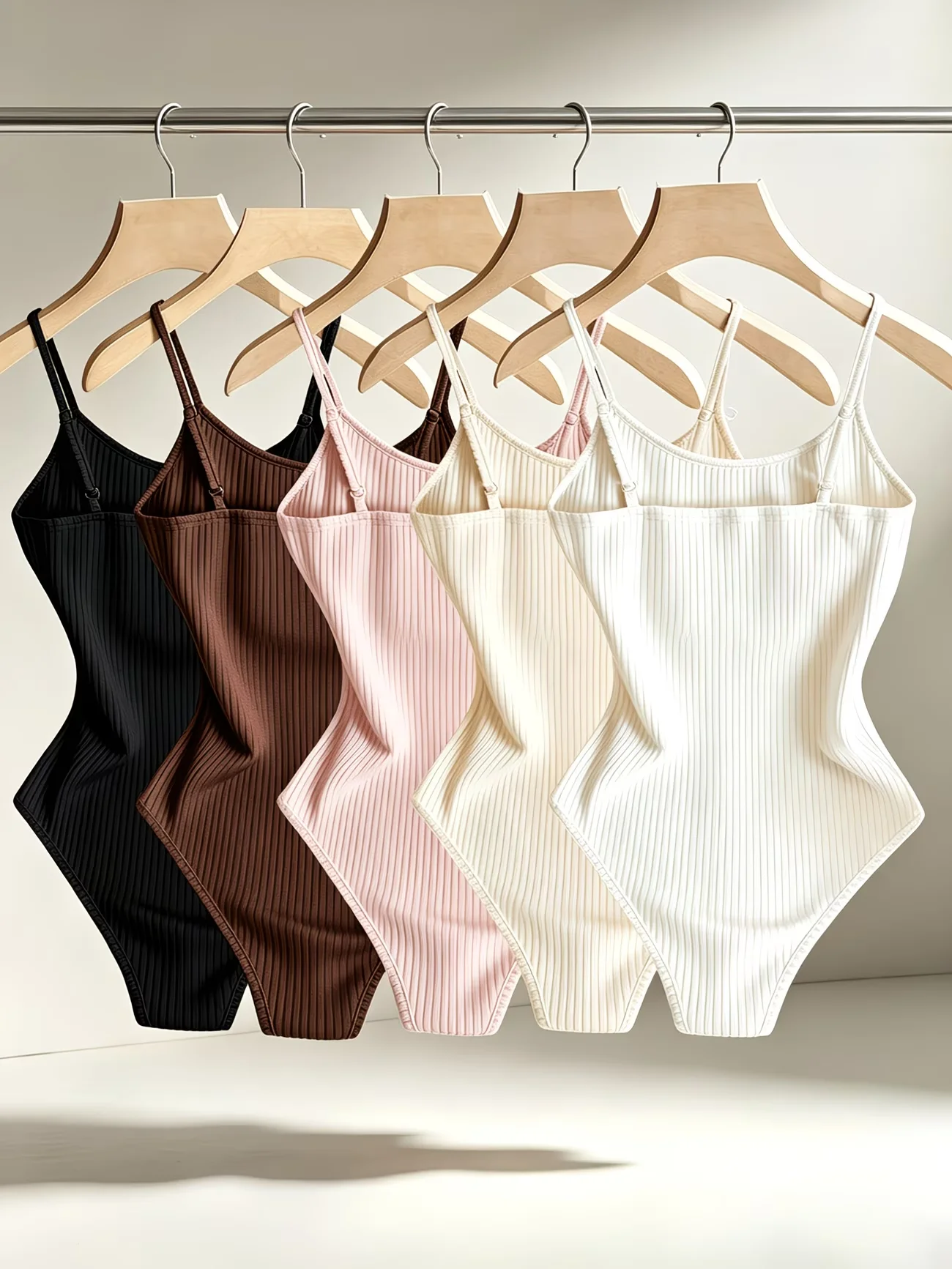5pcs Solid Color Women'S Elegant Ribbed Jumpsuits, Brushed Ribbed Bodysuits, Camisole Backless Bodysuits, No Additions Included
