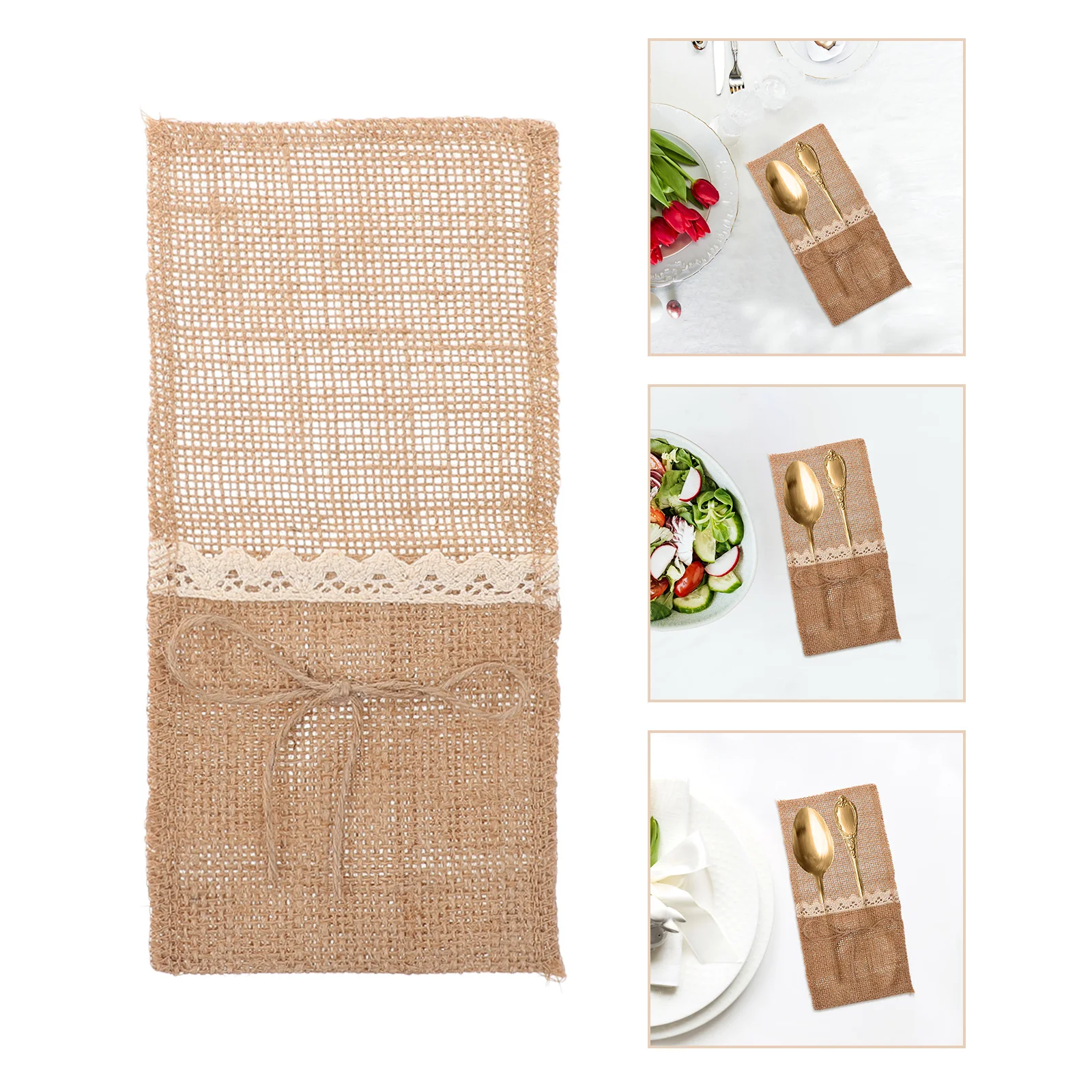 

10Pcs Burlap Lace Cutlery Pockets Tableware Storage Bags for Wedding Birthday Party Kitchen Utensils Holder Reusable