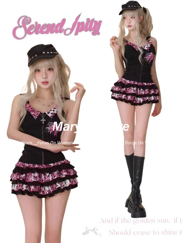 2024 New Gothic Vintage Hot Girls 2 Piece Sets Women Sexy Bow Hooded Halter Tops + Y2k Mini Cake Skirt Harakuju Retro Outfits