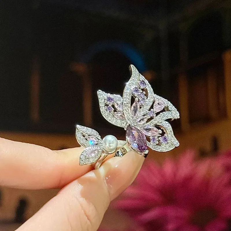 

Exquisite Lavender Pink Butterfly Open Ring Inlaid Pearls 925 Sterling Silver Ring for Women Wedding Accessories Crystal Jewelry