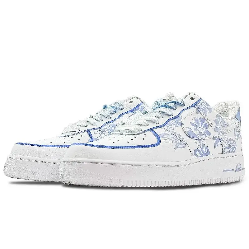 [الخزف الأزرق والأبيض المخصص باللونين الأزرق والأرجواني والأبيض] حذاء Nike Air Force 1 Low Low-Top Skateboard للرجال باللون الأزرق والأرجواني Wh