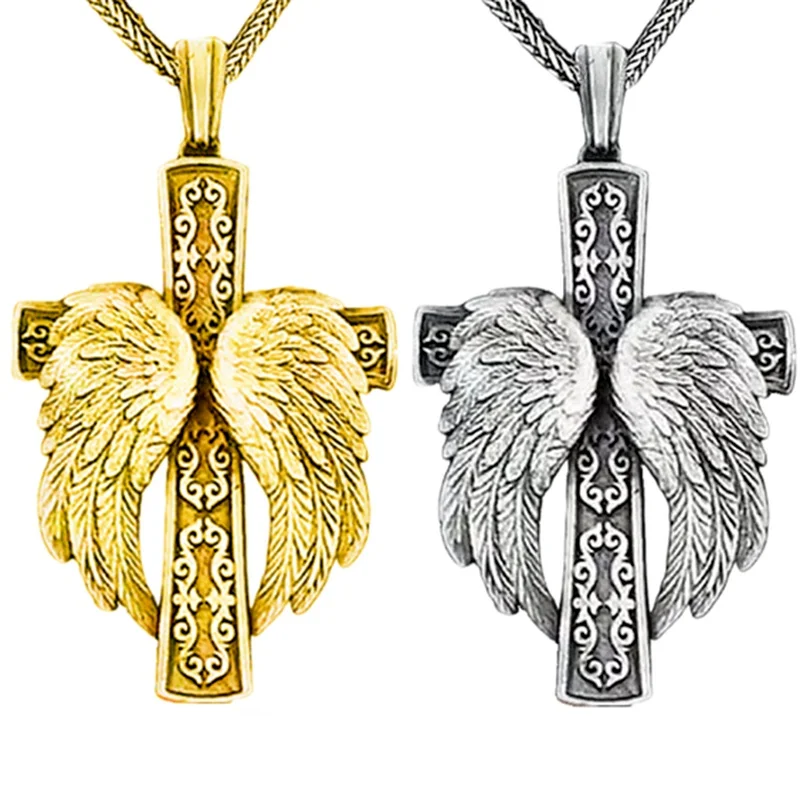 Fashion Cross Necklace Religious Belief Jesus Cross Angel Wings Pendant Hip Hop Necklaces for Men Cross Jewelry Anniversary Gift