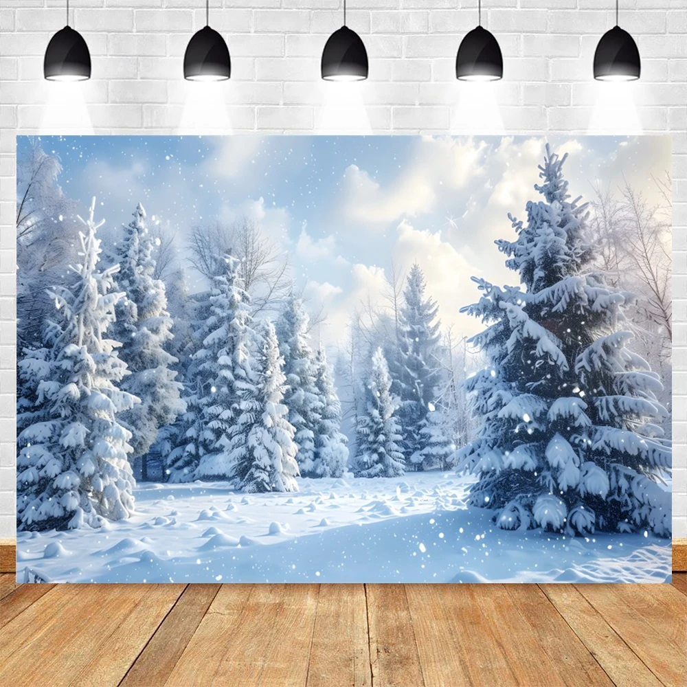 Winter Forest Backdrop Snowfield Pine Forest Snowflake Wonderland Photography Background Xmas New Year Eve Family Party Decor