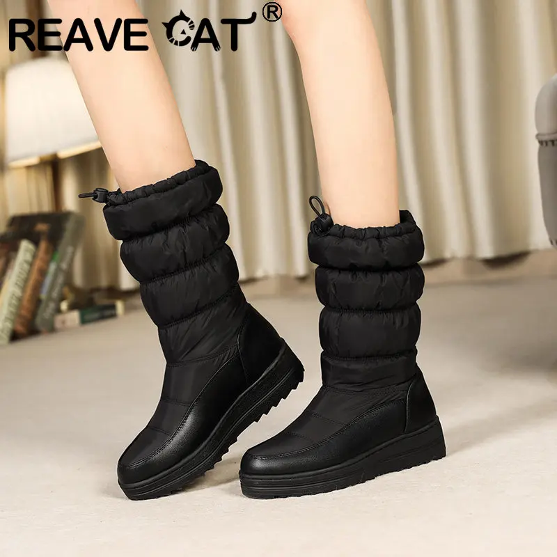 

REAVE CAT Mid Calf Warm Snow Boots Round Toe Wedges 4cm Elastic Band Leisure Daily Female Outdoor Booty Large Size 41 42 43 44