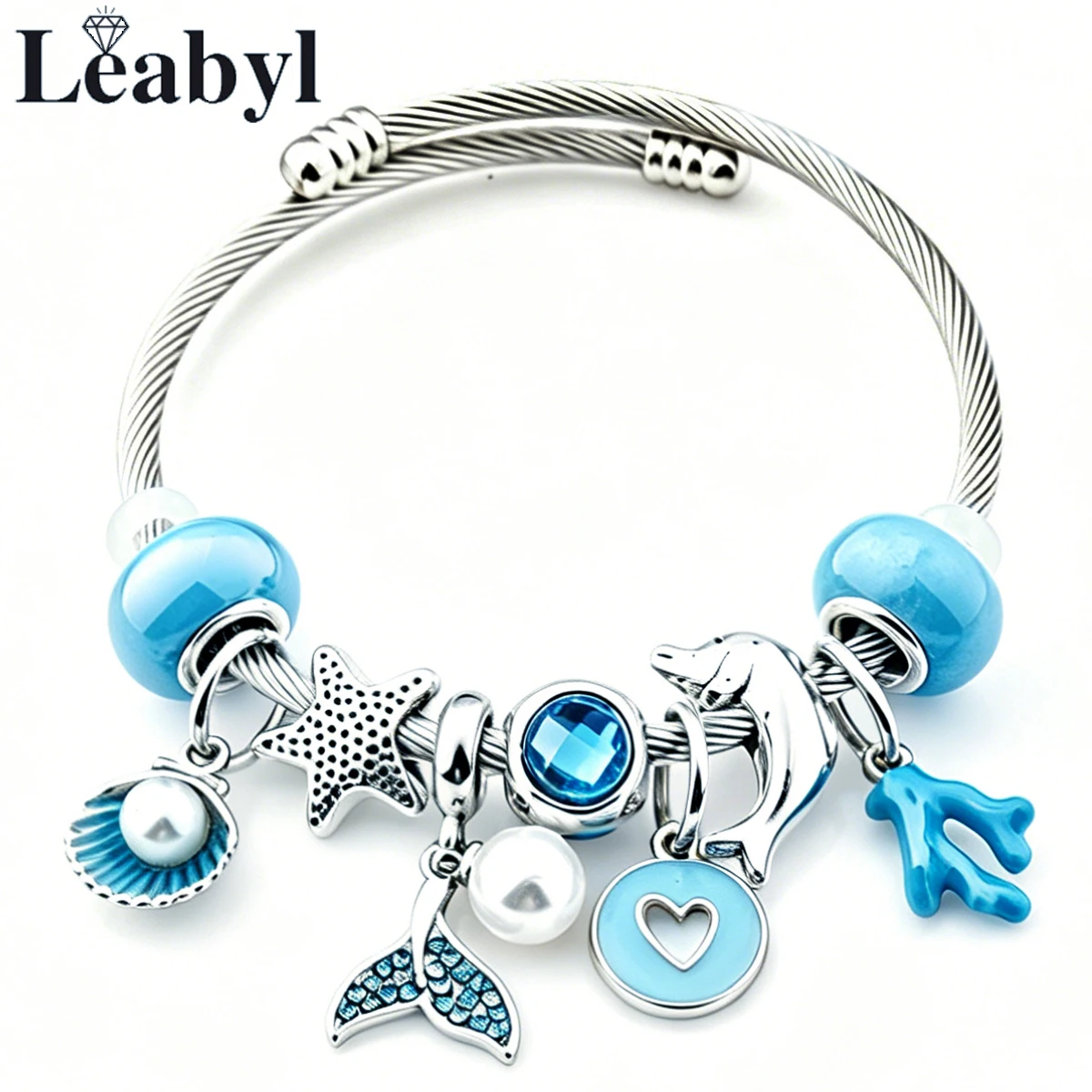 HOT Blue Crystal Enamel Mermaid Coral Shell Heart Charm Pendant Bracelet for Summer Beach Gift Sea Animal Bead Onesize Jewelry