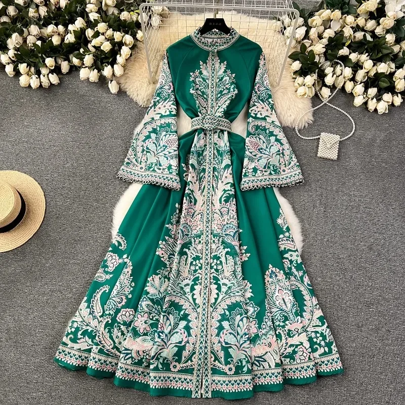 Wakuta russische Vintage Rundhals ausschnitt ausgestellte Ärmel bedrucktes Kleid Einreiher Gürtel Saum unregelmäßig plissiert vestido elegante mujer