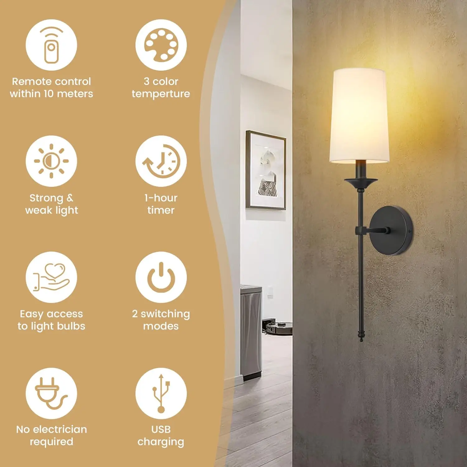 Battery Operated Wall Sconce Set of Two,Adjustable Remote Control Dimmable Wall Lighting Indoor, Not Hardwired LED Wall Lamp Fix