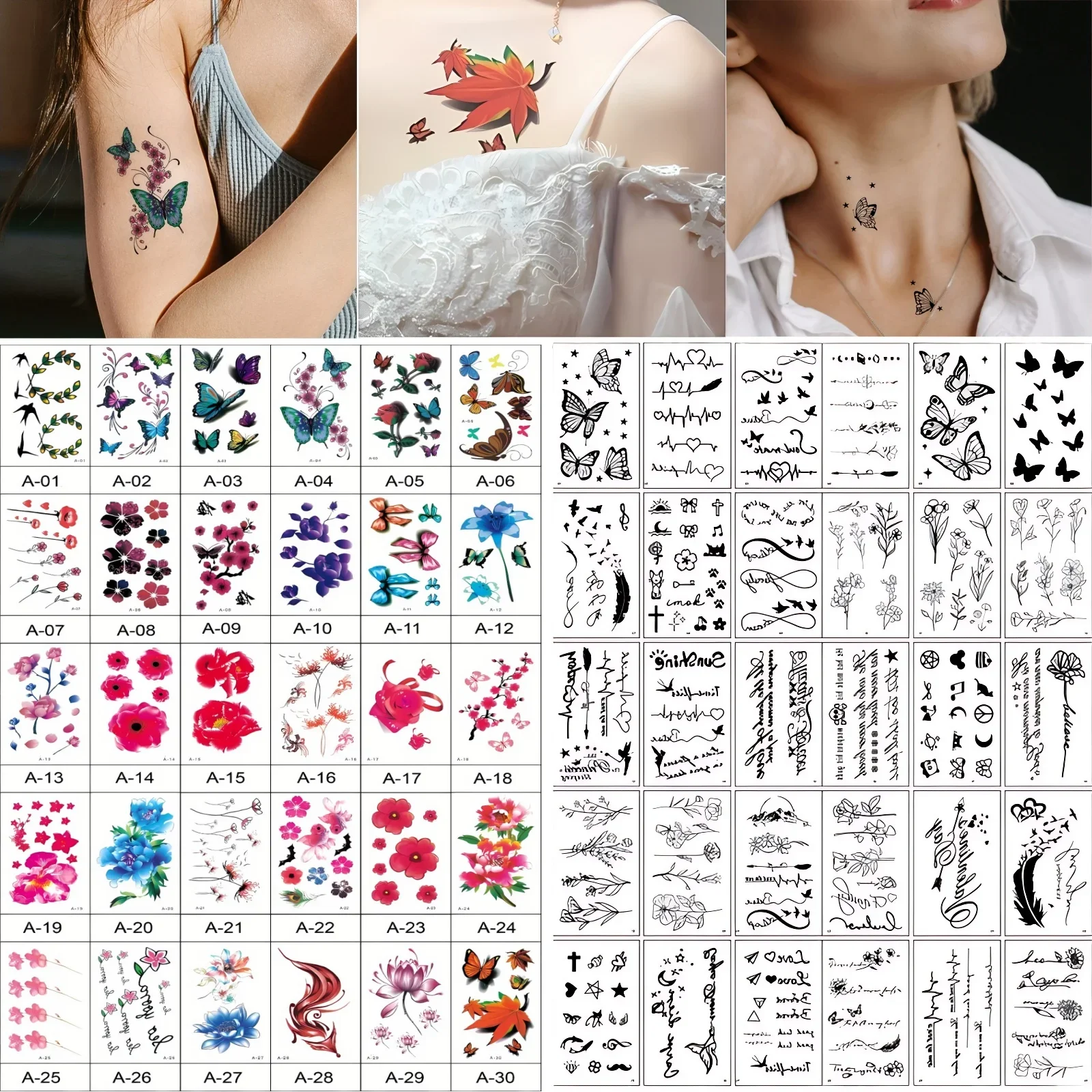 60sheets Small Women Temporary Fake Tattoo Sticker Black Butterfly Text Quote Flower Rose Fox Leaf Temporary Waterproof Tattoo