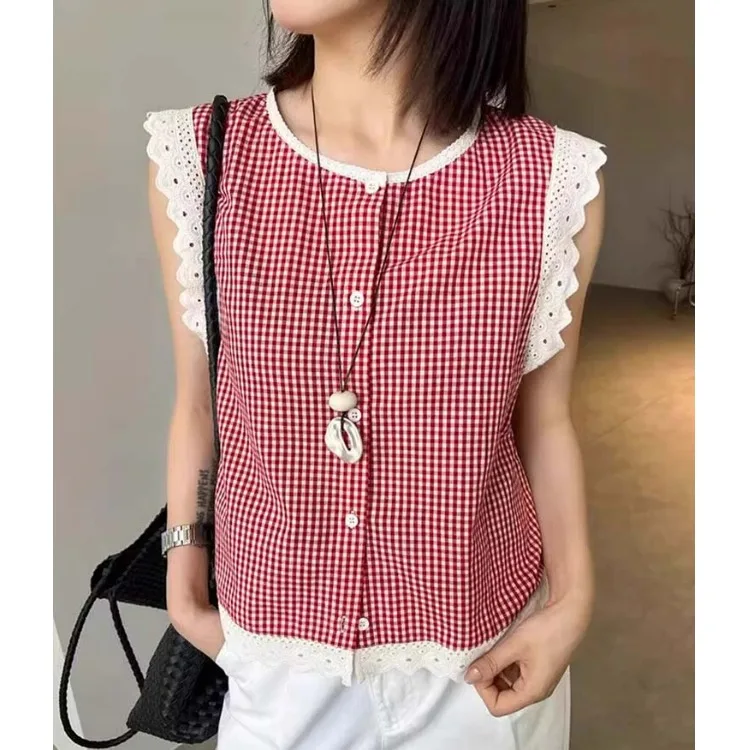 Korean Sle Summer New Faionable Loose Slim Fit Plaid Top Lace Trim Svel Vest Small irt Straight Cut Polyester Fiber