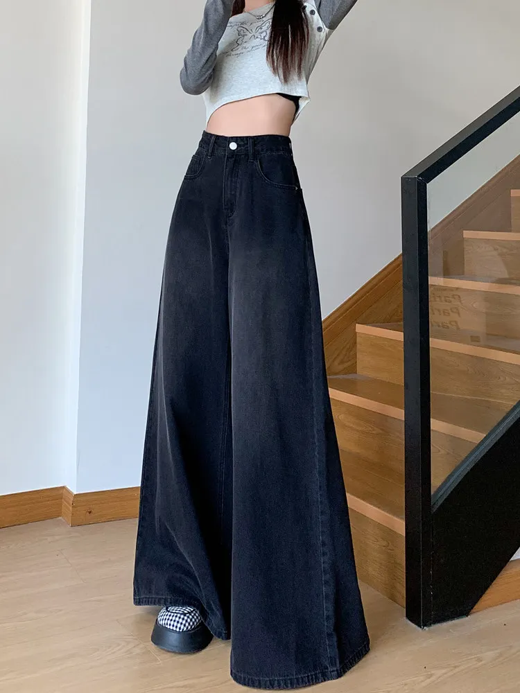 Women Black  Gothic Y2k Gyaru Jeans Oversize Baggy Denim Pants Vintage Grunge High Waist Wide Leg Jeans for Women Spring Autumn