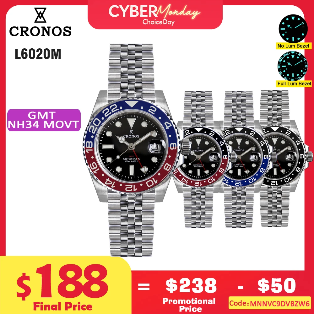 Cronos GMT NH34 Automatik-Herrenuhr, bidirektionale Lünette, Saphirglas, 20 ATM, massiv, 5-Glieder-Metallarmband, BGW-9 Lum L6020M