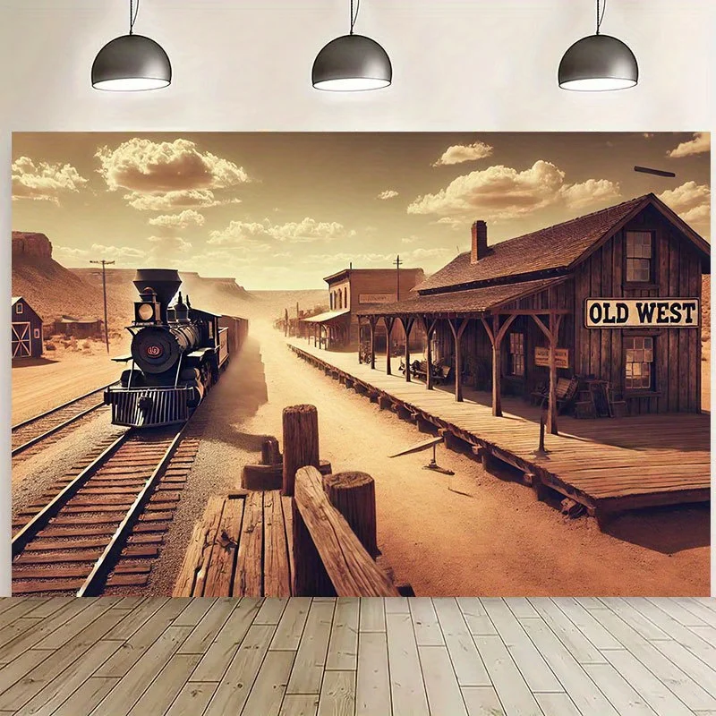 Old West Train Station Vintage Western Town 2D Flat Banner Cowboy Theme Party Background Rustic Home Decor Saloon Style Tapestry