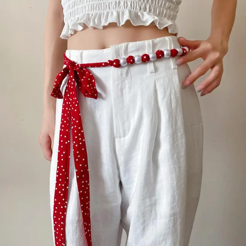 أزياء خمر البولكا نقطة وشاح حريري طويل اللؤلؤ الخصر سلسلة تصميم فاخر حزام رائعة الملابس والاكسسوارات