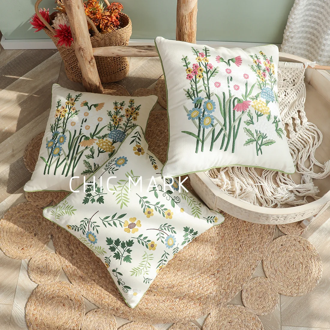 Rural Embroidered Pillow Cushion, Plant Flower and Grass Square Pillow, Home Embroidered Pillow Cover 45x45