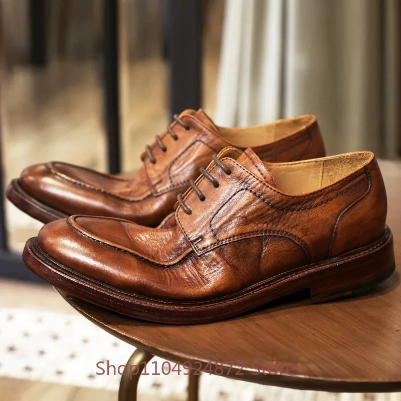 Men Genuine Leather Lace Up Oxfords Handmade  Business Casual Thick Sole Work Dress Shoes Male Cowhide Derby Low Top