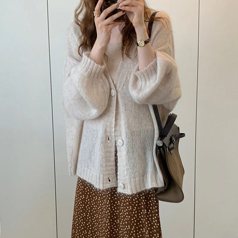 Biyaby Spring Autumn Knitted Cardigan Coats Woman Korean Simple Long Sleeve Sweater Women Casual Solid Loose V-Neck Cardigans