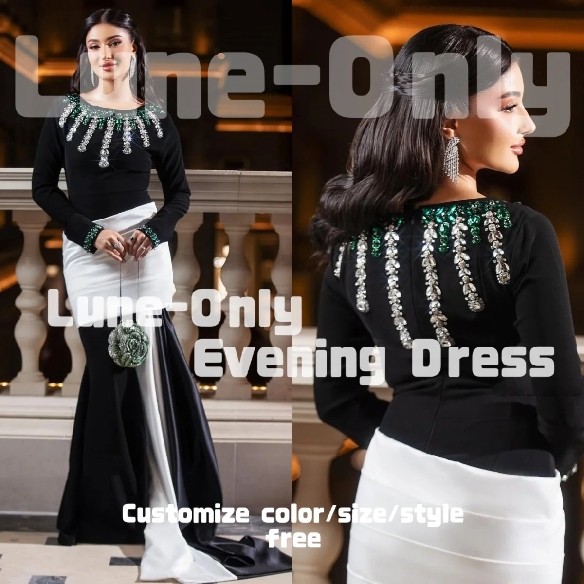 カスタマイズされた黒白長袖高級イブニングドレスグリーンシルバークリスタルエレガントなパーティードレスマーメイドフォーマルドレス